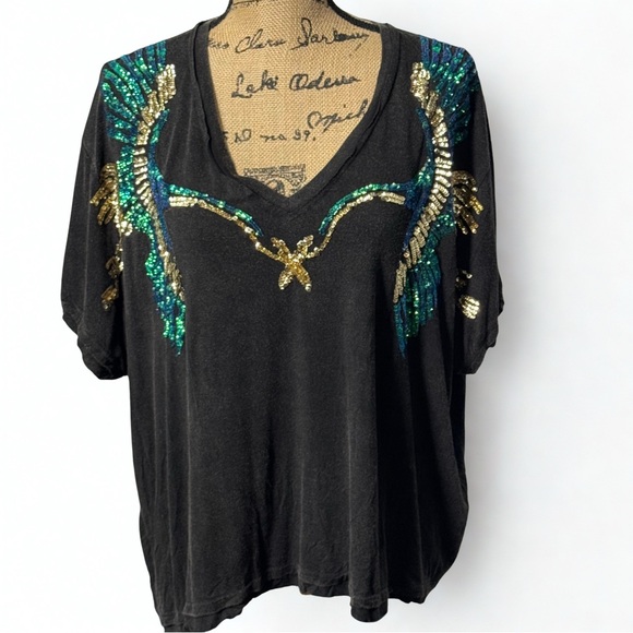 POL Black Top with Gold and Teal Birds of a Feather Sequin - Medium - Picture 1 of 8
